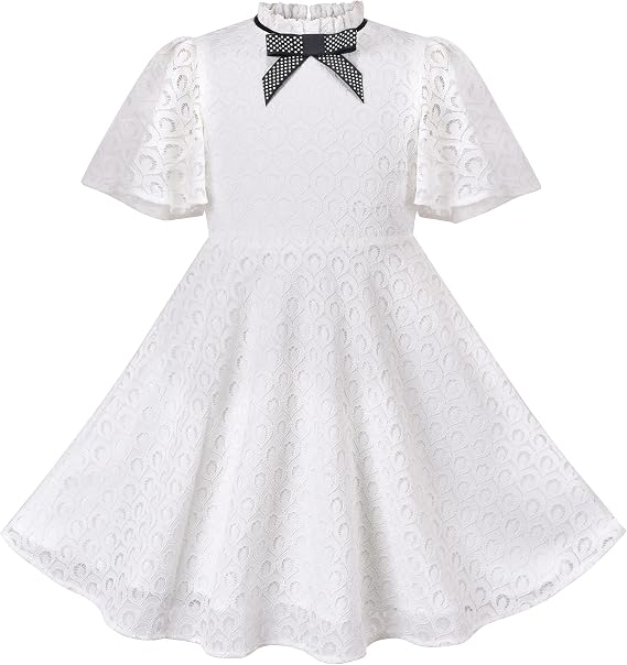 Sunny Fashion Girls Dress Vintage White Lace Stand Collar Ribbon Bow Tie