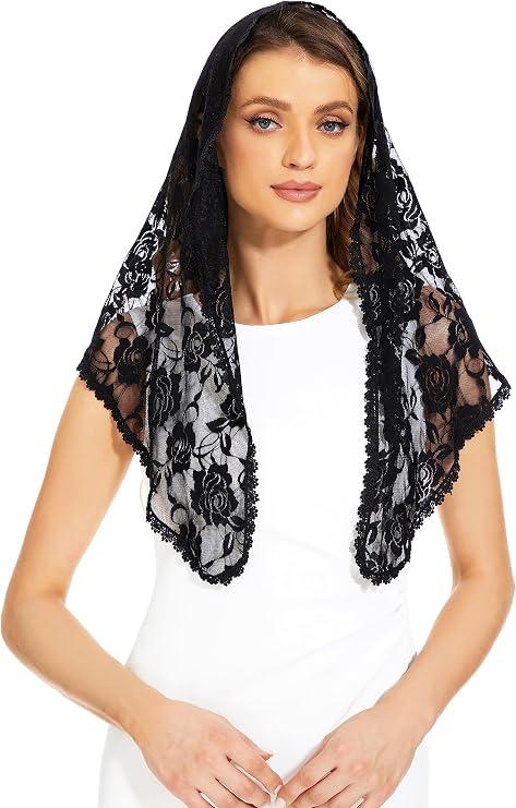 Lace veil Triangle Mantilla veil Shawl or Scarf Latin Mass Head Cover with Fringed lace