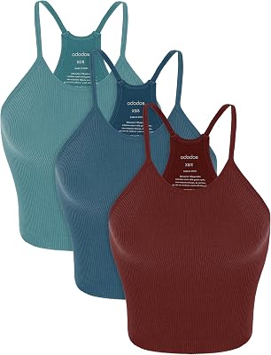 ODODOS Womens Crop 3-Pack Seamless Rib-Knit Camisole Crop Tank Tops