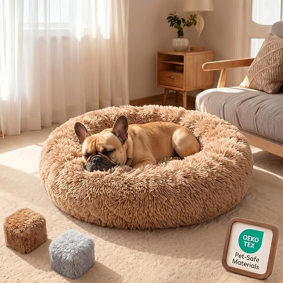 Premium Donut Dog Bed,Dual Memory Foam Orthopedic Beds for Large Sized Dogs,Thick Cooling Gel Fluffy Calming Pet Couch with Removable Waterproof Washable Cover,Fits up to 50 lbs Pets,36 Inch,Camel