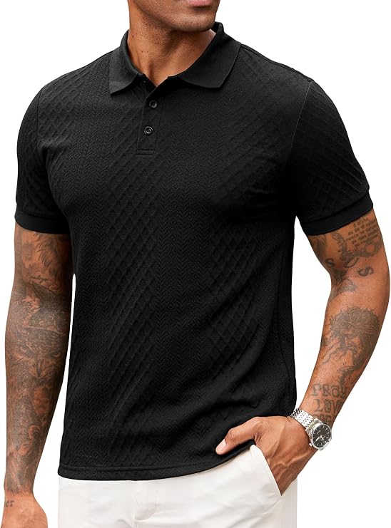 VOGSTART Mens Cable Knit Polo Shirts Textured Casual Summer Vacation Collared Shirt (S-XXL)