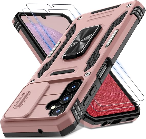 DEERLAMN Case for Samsung Galaxy A14 5G with Slide Camera Cover+Screen Protector(2 Packs),Rotated Ring Kickstand Military Grade Shockproof Protective Cover-Rose Gold