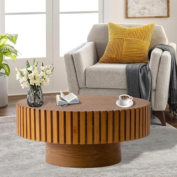 Round Drum Coffee Table, Round Fluted Coffee Table, Modern Unique Fluted Tea Tables, Mesa De Centro para Sala for Living Room, Small Space, Apartment, Farmhouse,Round Wood 31.5in