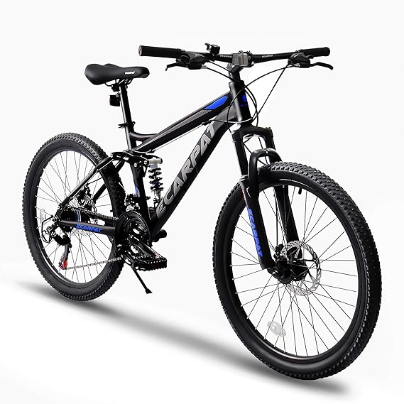 24/26/27.5 Inch Mountain Bike, Dual Full Suspension 21 Speed Womens Mens Mountain Bikes, Commuter Bike with Carbon Steel Frame and Dual Disc Brakes
