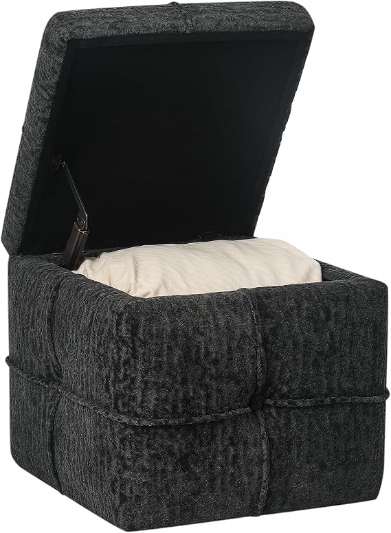Square Storage Ottoman Cube Foot Rest Ottoman with Storage Small Loop Yarn Jacquard Fabric Tufted Ottomans Stool 16.5 Inch Upholstered Ottomans Footstool for Living Room Bedroom Black