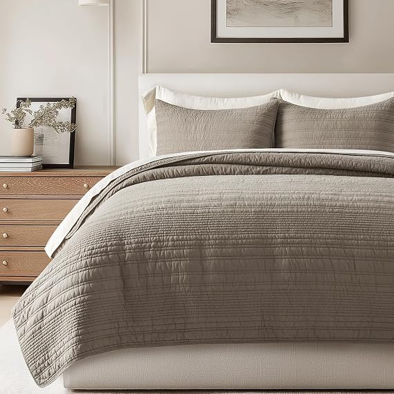 EVERGRACEHOME 100% Cotton Modern Lines Quilt Set Queen Size, Stone Taupe