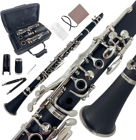 Bb Clarinet for Beginners, Professionals B Flat Nickel-Plated Ebonite 17-keys Clarinet with hard case,reeds, mouthpiece, cork grease, gloves, cleaning cloth wind & woodwind instruments