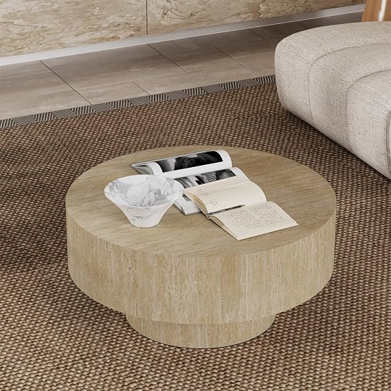 Modern Round Coffee Table, Round Coffee Tables for Living Room Contemporary Low Circle Center Table for Apartment, Farmhouse, Office, Mesa De Cafe (Round Travertine)