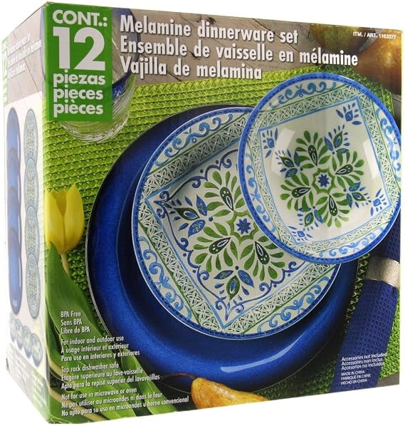 Melamine 12 Piece Dinnerware Set (Blue & Green) - Suitable Indoors and Outdoors
