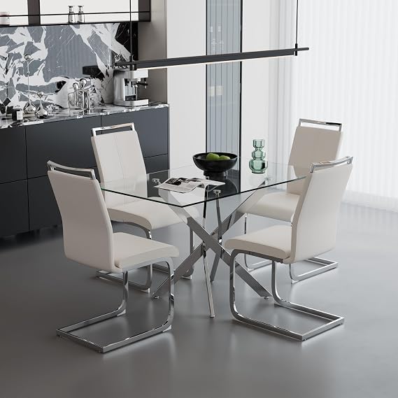 5 Piece Glass Dining Table Set for 4, Modern Tempered Glass Top Kitchen Table and Chairs Set, 4 Upholstered Chairs and Faux Leather Cushions, Space-Saving Small Apartment Dining Set