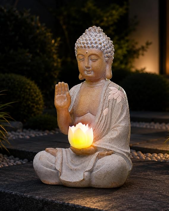 Nacome Solar Buddha Garden Statue Decor: Sitting Figurine with Lotus Light