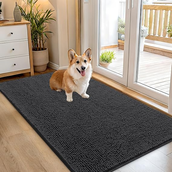 OLANLY Dog Door Mat for Muddy Paws 54x32, Super Absorbent Chenille Mud Mat | Dark Grey, Absorbs Moisture and Dirt, Non-Slip Machine Washable Doormat, Quick-Drying Indoor Entryway Floor Carpet for Dogs