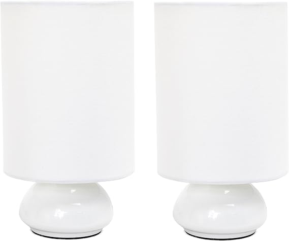 Simple Designs LT2043-WHT-2PK 9" Gemini 2 Pk Contemporary 4 Settings Touch Metal Mini Round Table Lamp Set w Fabric Shades for Decor,Nightstand,End Table,Bedroom,Living Room,Office,Foyer, WHT