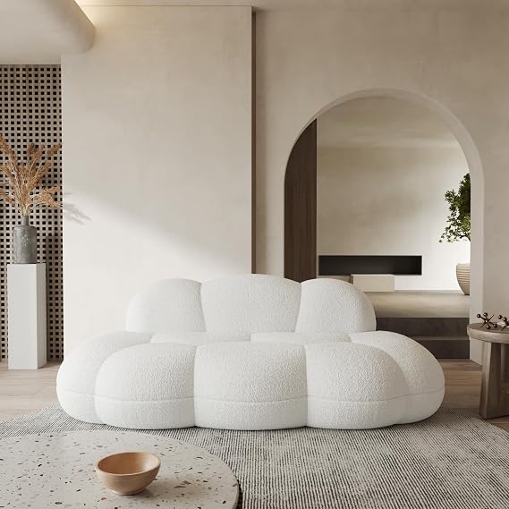 WJShome 90" Modern Curved Couch Cloud Shaped Sofa for Living Room,Lazy Floor Couch, Boucle LoveSofa, Cozy Leisure Boneless Chaise Lounge, Apartment-No Assembly Required(White)