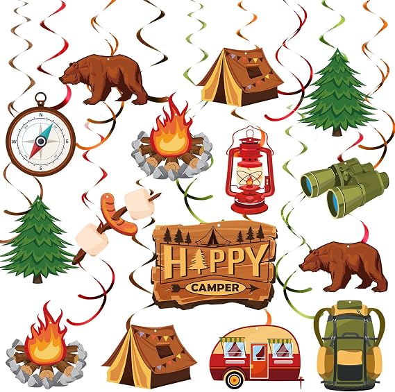 30 Pcs Happy Camper Party Decorations Camping Themed Hanging Swirls | camping themed hanging swirls with bears, tents, campfires and trees for birthdays, baby showers and outdoor parties