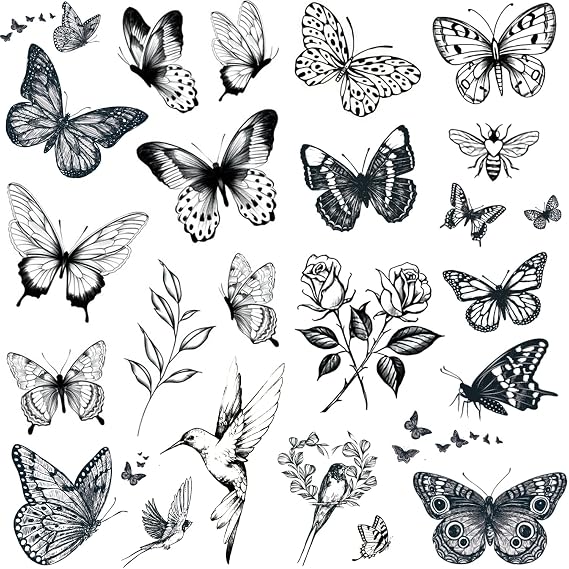 Tazimi 6 sheets large Black Butterfly Temporary Tattoos for Women Adults | flowers butterflies Hummingbird swallow Rose Temporary Tattoos Waterproof Long Lasting Tattoos Stickers Sexy Fake Tattoo