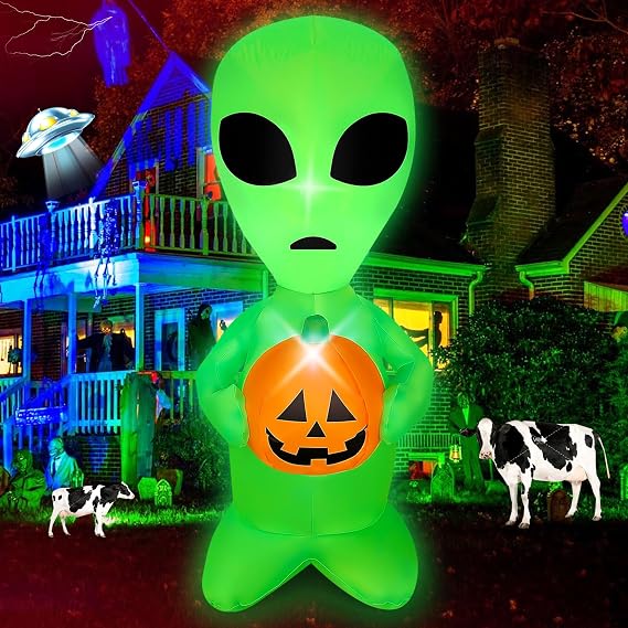 JOYEASE 4 FT Halloween Inflatable Alien with Pumpkin Decorations LED Lighted Halloween Blow Ups for Halloween Party Indoor Outdoor Garden Yard Decor