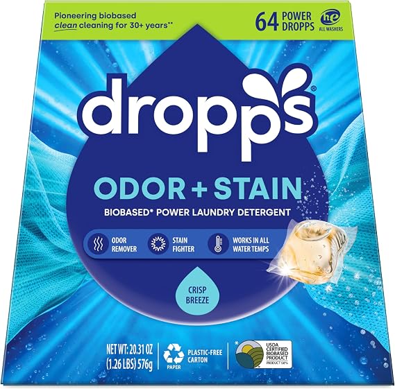 Dropps Stain & Odor Laundry Detergent | Clean & Crisp, 64 Pods | Low-Waste Packaging | Works In All Machines - High Efficiency HE Compatible | Powered by Natural Plant-Based Ingredients