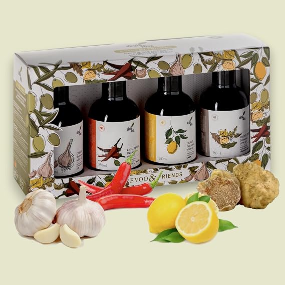 FLAVOURED OLIVE OIL GIFT BOX | EVOO & FRIENDS | 4 x 8.5 fl oz | 4 VARIETIES | Pack of 1