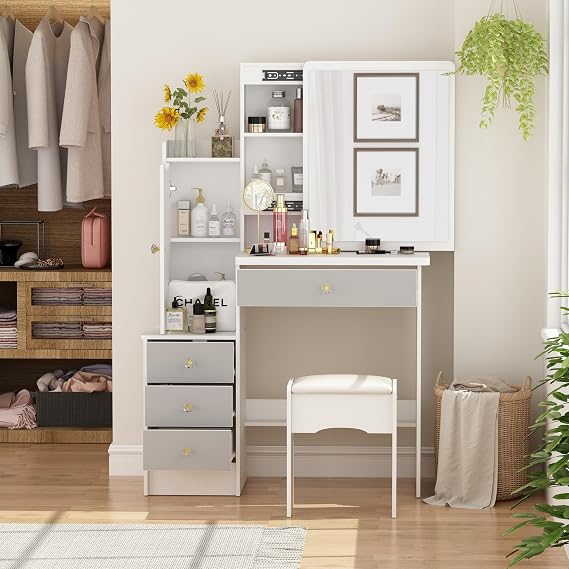 AGOTENI Vanity Table Makeup Vanity Dressing Table with Mirror, 4 Drawers & Shelves, Dressing Desk and Cushioned Stool Set(White/Grey, Slidding Mirror, No Light)