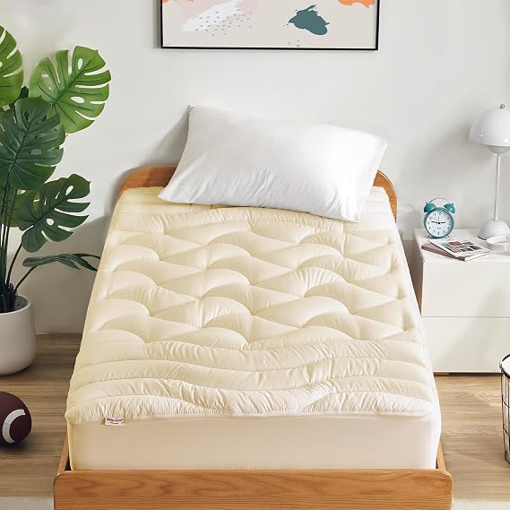 SLEEP ZONE Twin XL Cooling Mattress Topper for College Dorm, Premium Zoned Cool Mattress Pad Cover, Padded Mattress Protector Breathable Washable, Deep Pocket 8-21" (Beige, Twin XL)