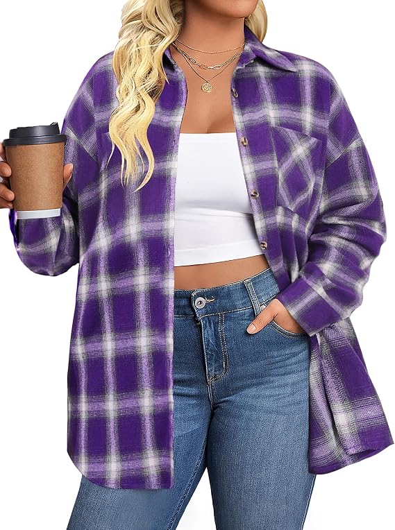 IN'VOLAND Womens Plus Size Flannel Shirts Long Sleeve Button Down Plaid Top