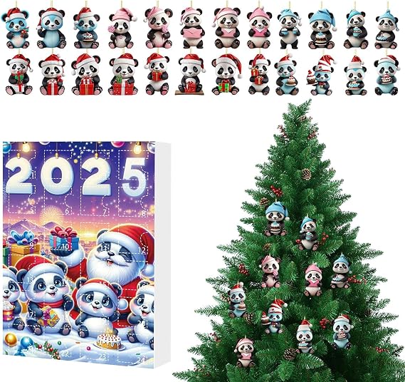 Christmas Panda Advent 24 Days 2D Acrylic Countdown Calendar Ornaments | Christmas Animal Decor for Party Front Door Car Rearview Mirror Porch Tree Balcony Window