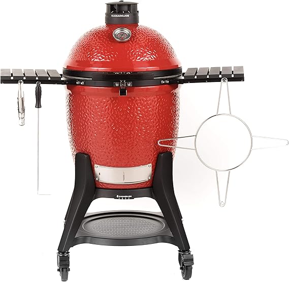 Kamado Joe Classic JoeTM Series III 18-inch Charcoal Grill & Smoker, Red, with Cart, Side Shelves, Grill Gripper, and Ash Tool, 3 Tier Cooking System, Stainless Steel Cooking Grates, Model KJ23RHCI-A