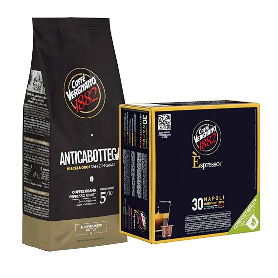 Caffe Vergnano Espresso Bundle - Antica Bottega Whole Bean Arabica Medium Roast (5/10) & Napoli Compatible Capsules (10/10), Italian Coffee, 500g Bag & 30 Ct