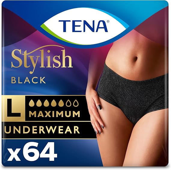 Tena Stylish Black Incontinence Underwear for Women, Maximum Absorbency, Adult Diapers, Large (Waist Sizes 37in-50in), 64 Count (4 Packs of 16)