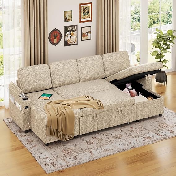 Corner Sofa Bed, U-Shaped Sleeper Sectional Couch Bed, 3-in-1 Linen Convertible Pull Out Sofa Bed with Adjustable Backrest, Storage, USB and Cup Holder for Living Room, Beige