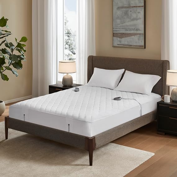 Beautyrest Cotton Heated Mattress Pad - Bed Warmer with 20 Heat Settings Controller, Auto Shut Off Timer, All Around Elastic Deep Pocket, UL Certified, Machine Washable, White Queen
