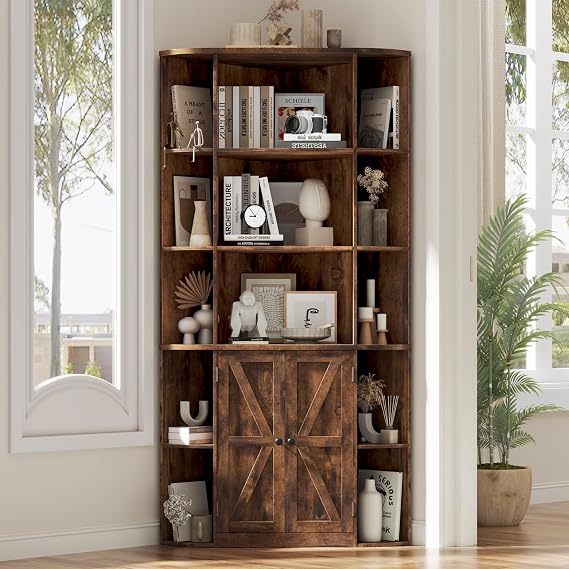 Halitaa Corner Storage Cabinet, 67" Rustic Brown Tall Corner Bookshelf | 67'' Farmhouse Storage Shelf with Bottom Cabinet and Ajustable Shelf for Study, Living Room and Kitchen, Rustic Brown