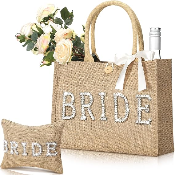 Sweetude 2 Pcs Bride Tote Bag Set, Jute with Rhinestone Makeup Pouch