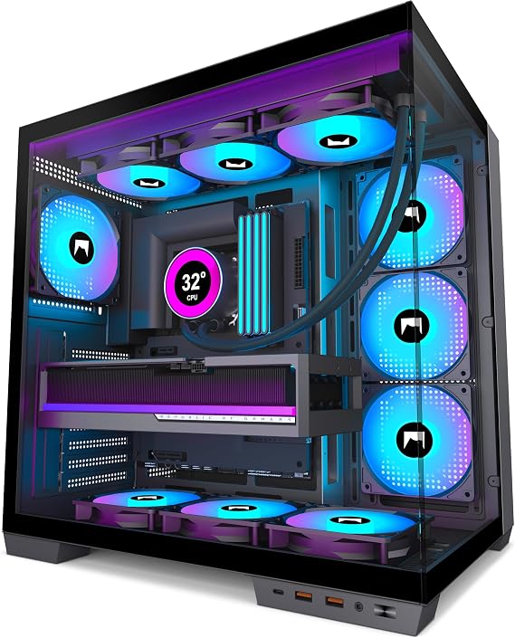H1 ATX PC Case-Pre-Installed 7 PWM ARGB Fans, Dual Chamber Mid-Tower Gaming PC Case, with Type-C, Simultaneous Installation of 3x 360mm Radiators, Black (Black, H1)