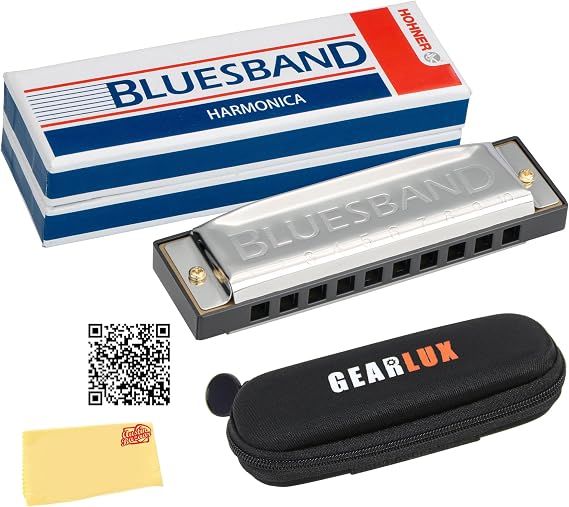 Hohner Blues Band Harmonica - Key of C Bundle with Zip Pouch, Case, Instructional Manual, and Austin Bazaar Polishing Cloth