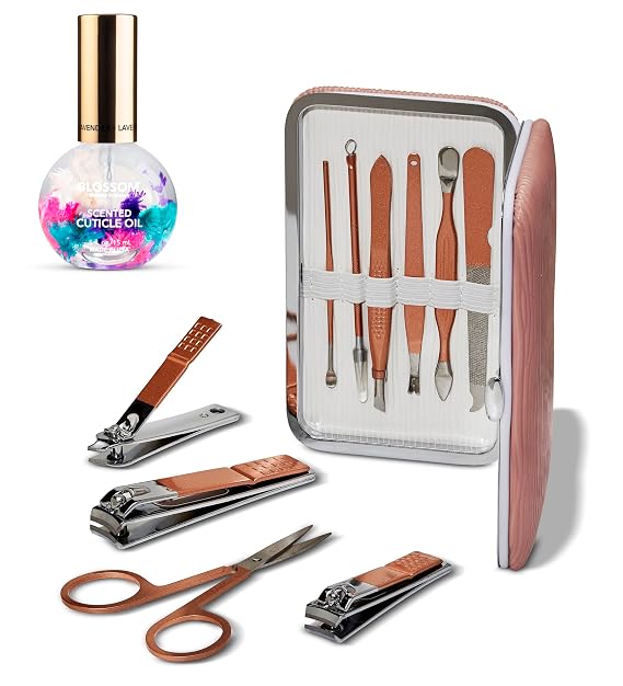 Blossom 10 in 1 Professional Manicure, Pedicure + Facial Tools Grooming Kit, Stainless Steel Nailcare Nail Clipper Kit with Travel Case + 0.5oz Lavender Scented Cuticle Oil, 2 Pack Bundle