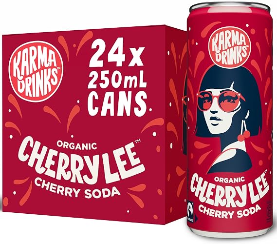 Karma Drinks Cherry Lee Flavoured Fizzy Soft Drink, 24 x 250ml Cans | Organic, Fairtrade, Natural Ingredients, Real Cherry Juice, Vegan, Gluten Free, B-Corp Brand, 24 Can Multipack