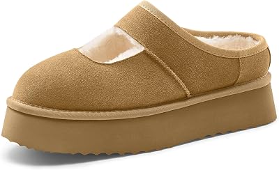 Vilanva Platform Slippers for Women Cozy Fur Lined Slip on Mary Jane Winter Shoes Warm Comfy House Slippers for Indoor Outdoor