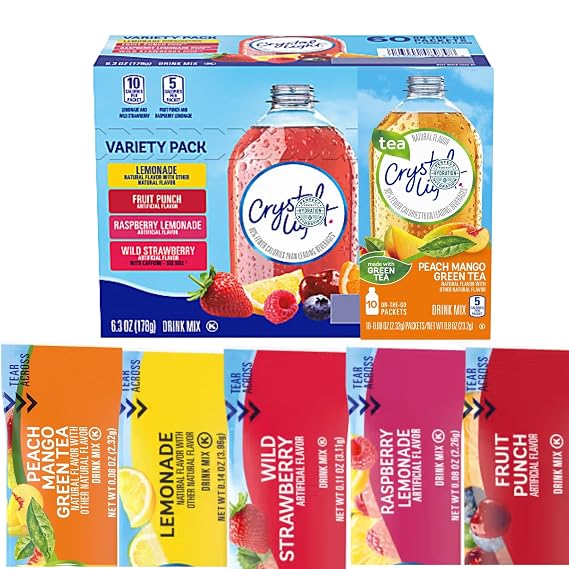 Crystal-Light Variety Packets 70 Flavored Drink Mix Packets in Lemonade, Fruit Punch, Raspberry, Wild Strawberry and Crystal-Light Peach Mango Green Tea Powdered Drink Mix Flavors On The Go Packets, Sugar-Free Hydration Anytime,