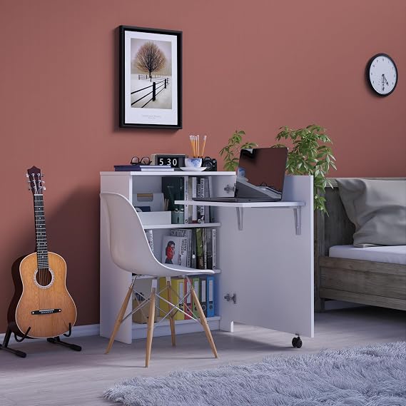 ASRA TREND Beyaz MD002 Katlanır Masalı Kitaplık 68x90 cm Tekerlekli Gizli Çalışma Masası Laptop Bölmeli Fonksiyonel Dolap Kompakt Ofis Ünitesi%100 MDFLAM