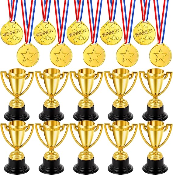 Mini Trophies & Medals Bulk for Kids - Gold Award Cups & Sports Medals Set - Lightweight Plastic Prize Trophies for Tournament, Classroom Rewards, Fun Run Race, Party Favors, Fantasy Football