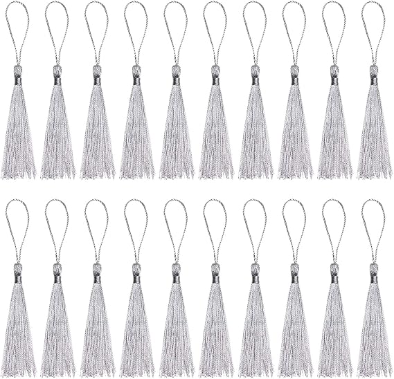 Tupalizy Mini Silky Handmade Soft Flossy Bookmark Tassels with Cord Loop for Keychain Earring Jewelry Making, Souvenir, Graduation, Clothing Sewing, Gift Tag DIY Craft Projects, 20PCS (Silver)