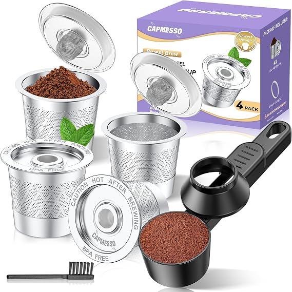 CAPMESSO Reusable K Cups with Coffee Scoop: Upgraded Dual-Mesh Reusable Coffee Pods for Richer Coffee NO Grit - Universal Stainless Steel Filter