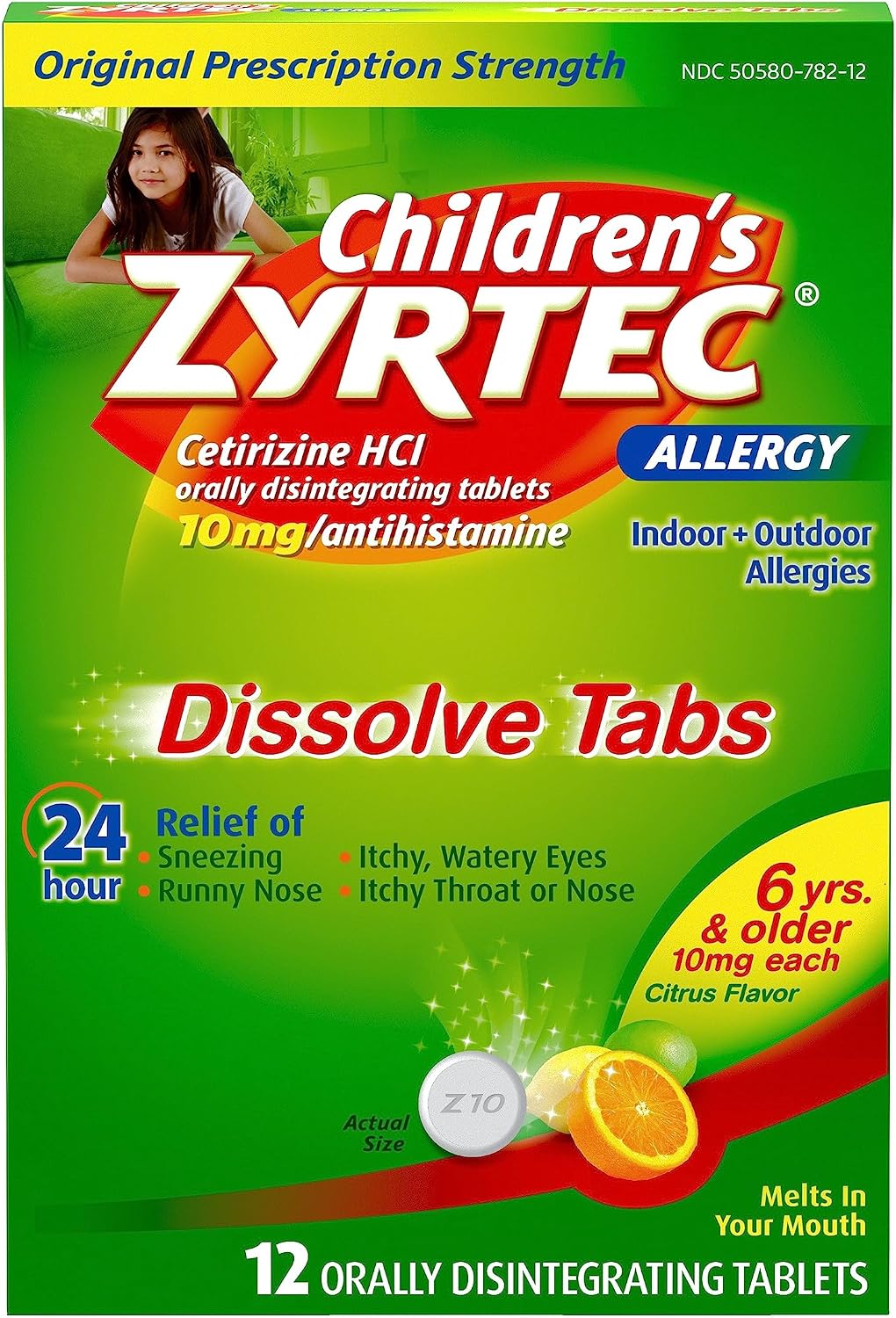 Zyrtec Children's 24 HR Dissolving Allergy Relief Tablets with Cetirizine, Citrus Flavored, 12 ct