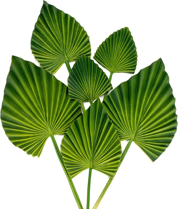 Hollyone Pack of 6 Artificial Plant Leaves Tropical PU Artificial Plant Palm Leaves Artificial Tropical Leaves with Flexible Stem for Wedding Party Home Decoration Office DIY Flower Arrangements
