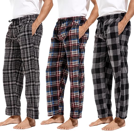 DG Hill 1Pack or 3Pack Mens PJ Pajama Pants Bottoms Fleece Lounge Pants Sleepwear Plaid PJs with Pockets Microfleece