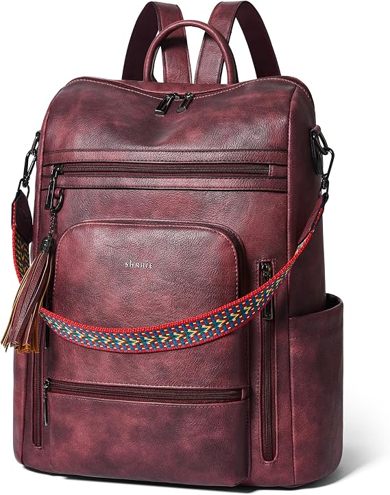 Shrrie Vegan Leather Laptop Backpack for Women 15.6 inch Work Backpack Fashion Travel Backpack Purse for Business College-Two-tone Maroon