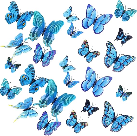 24PCS 3D Butterfly Wall Sticker,Double Layer Butterflies Decals for Walls,3D Butterfly Decorations for Home,Bedroom Accessories,Wedding,Party & Flower Decoration (Blue)