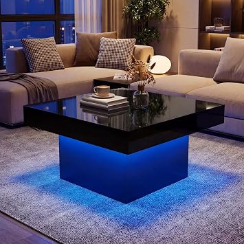 GOFLAME LED Coffee Table for Living Room, 35.5 Square Center Table with Storage, Adjustable Light Colors, Speed & Brightness, Remote Control, Modern High Glossy, Wooden Accent Tea Tables (Black)